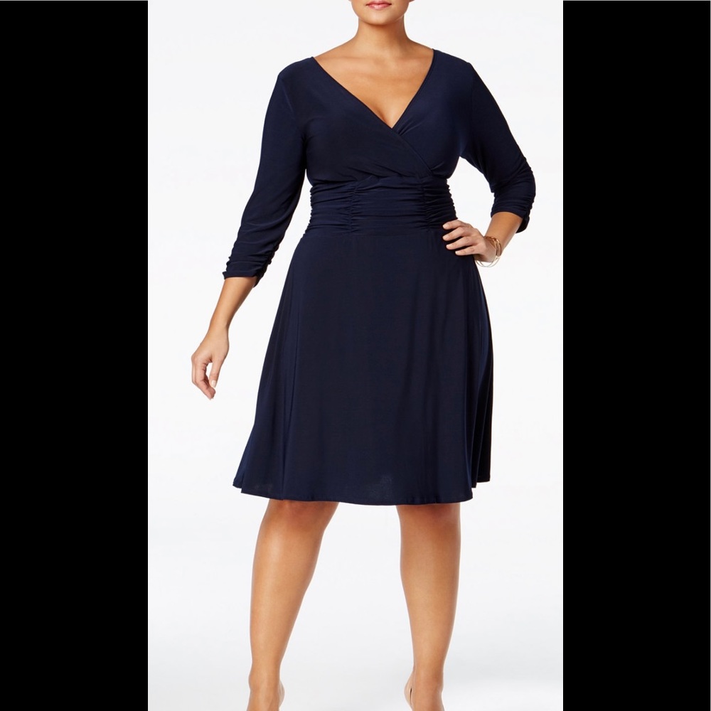 Plus sized runched A-line dress in Navy blue